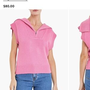 English Factory Pink Zip-Collar Sleeveless V-Neck Sweater